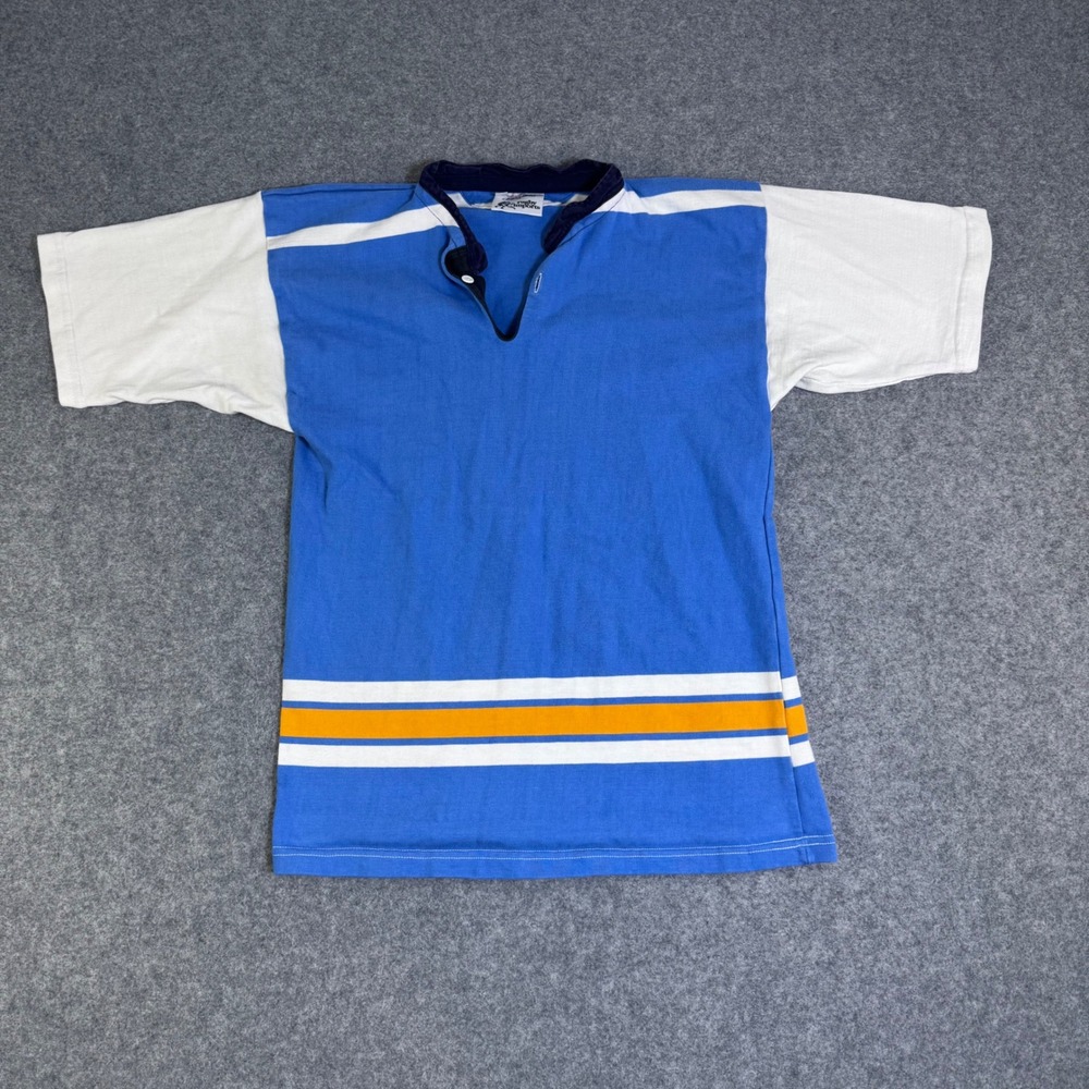 Vintage 80s Halbro Rugby Imports Mens Blue White Orange Striped Shirt USA Made M